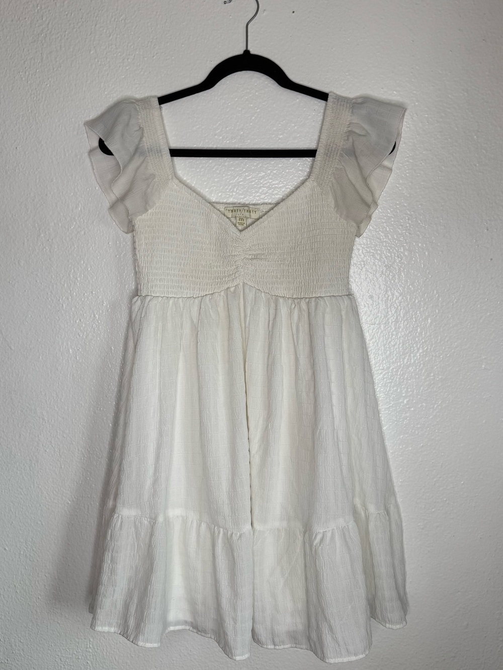 Thirty Thirty White Smocked Bodice Ruffled Babydoll Mini Dress Sz M